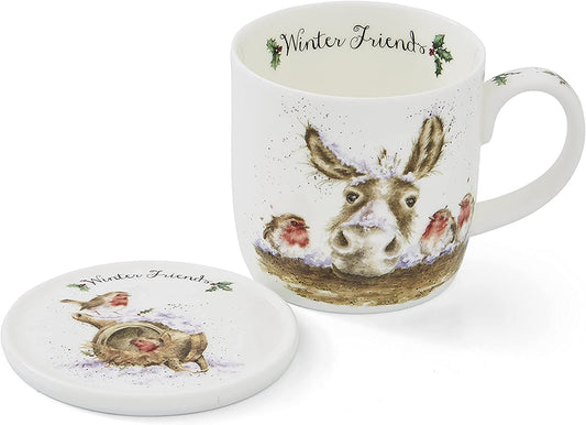 Wrendale Designs Christmas Mug & Coaster Set DONKEY & ROBINS
