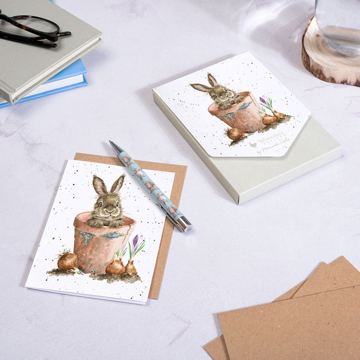 Wrendale Writing Set 8 Cards RABBIT flower pot