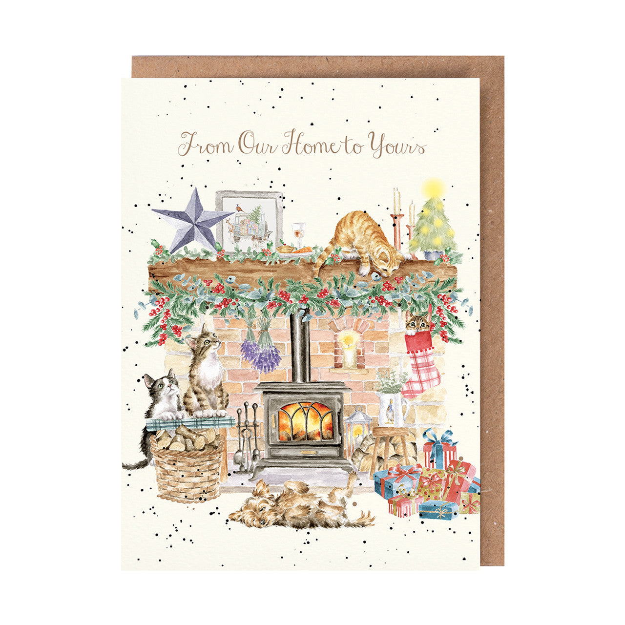 Wrendale Designs Christmas Card re CATS DOG fireside stocking