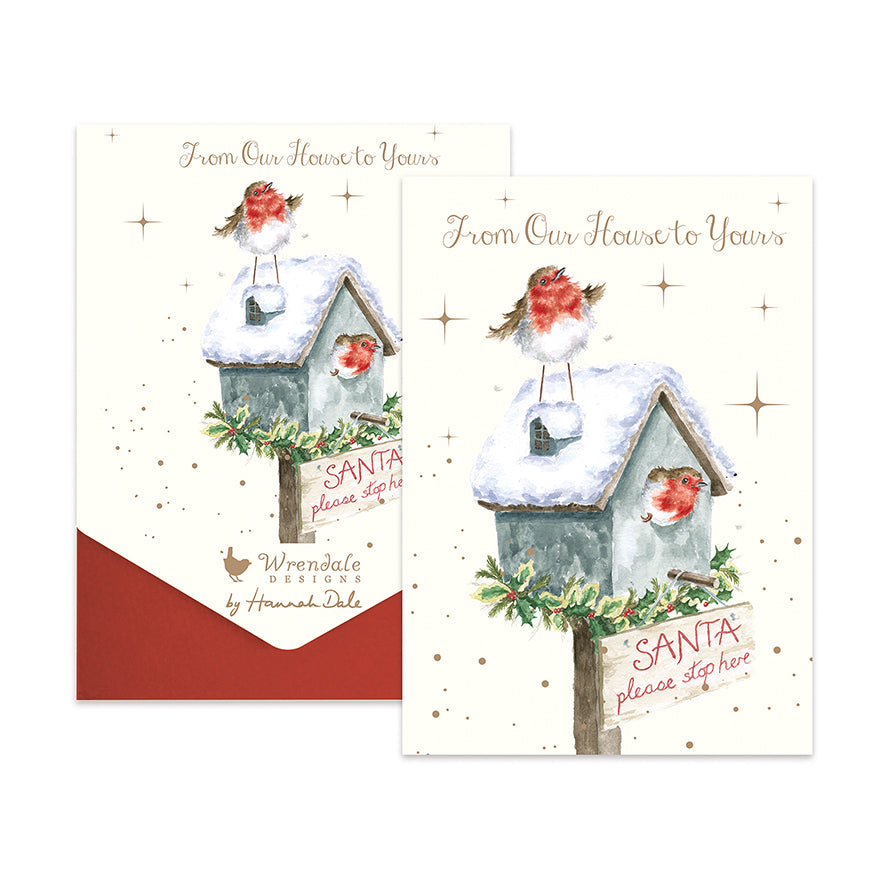 Wrendale Designs Christmas Cards pk-8 ROBINS Santa stop