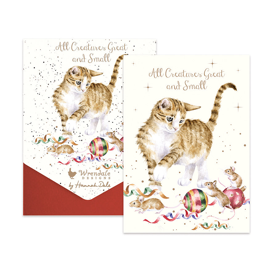 Wrendale Designs Christmas Cards pk-8 CAT MICE baubles