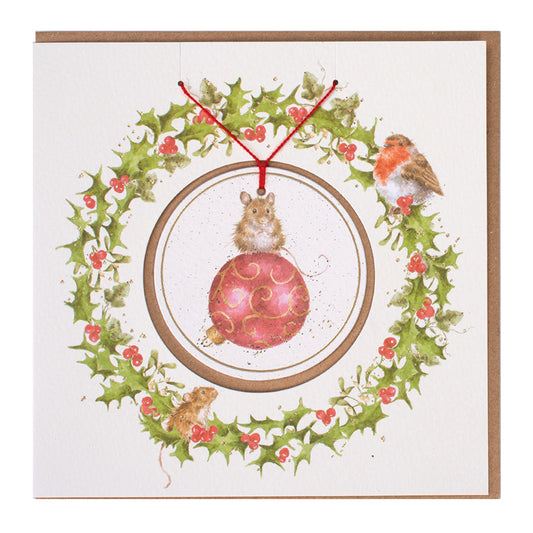 Wrendale Designs Christmas card with foiled, detachable decoration featuring Hannah Dale's artwork of a wee mousie on a red bauble titled <i>CHRISTMOUSE</i>