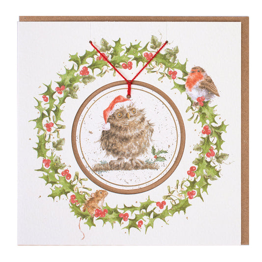 Wrendale Designs Christmas card with foiled, detachable decoration featuring Hannah Dale's artwork of an Owl in a Santa Hat titled <i>Christmas Owl</i>