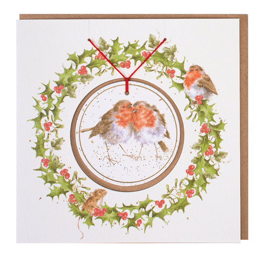 Wrendale Designs Christmas card with foiled, detachable decoration featuring Hannah Dale's artwork of two Robins titled <i>Birds of a Feather</i>