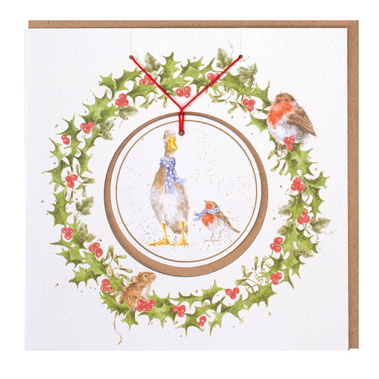Wrendale Designs Christmas card with foiled, detachable decoration featuring Hannah Dale's artwork of a Duck and Robin in matching blue, winter scarves and titled <i>Christmas Scarves</i>
