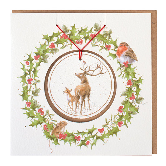 Wrendale Designs Christmas card with foiled, detachable decoration featuring Hannah Dale's artwork of a Deer and Fawn in the Snow and titled <i>The Stars in the bright Sky</i>