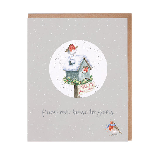 Wrendale Designs Christmas Card & Decoration ROBINS birdhouse