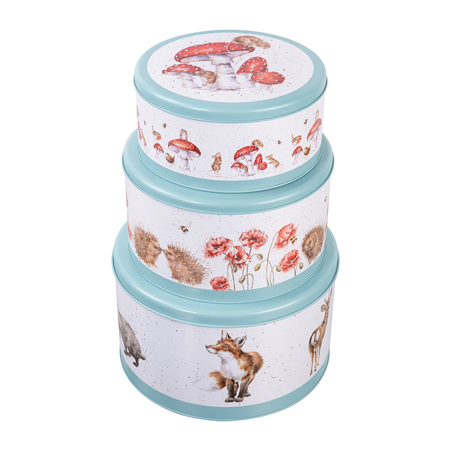 Wrendale Designs Cake Tins Nest-3 with BLUE trims and feature Hannah Dale's illustrations of Woodland animals, Hedgehogs and Mice