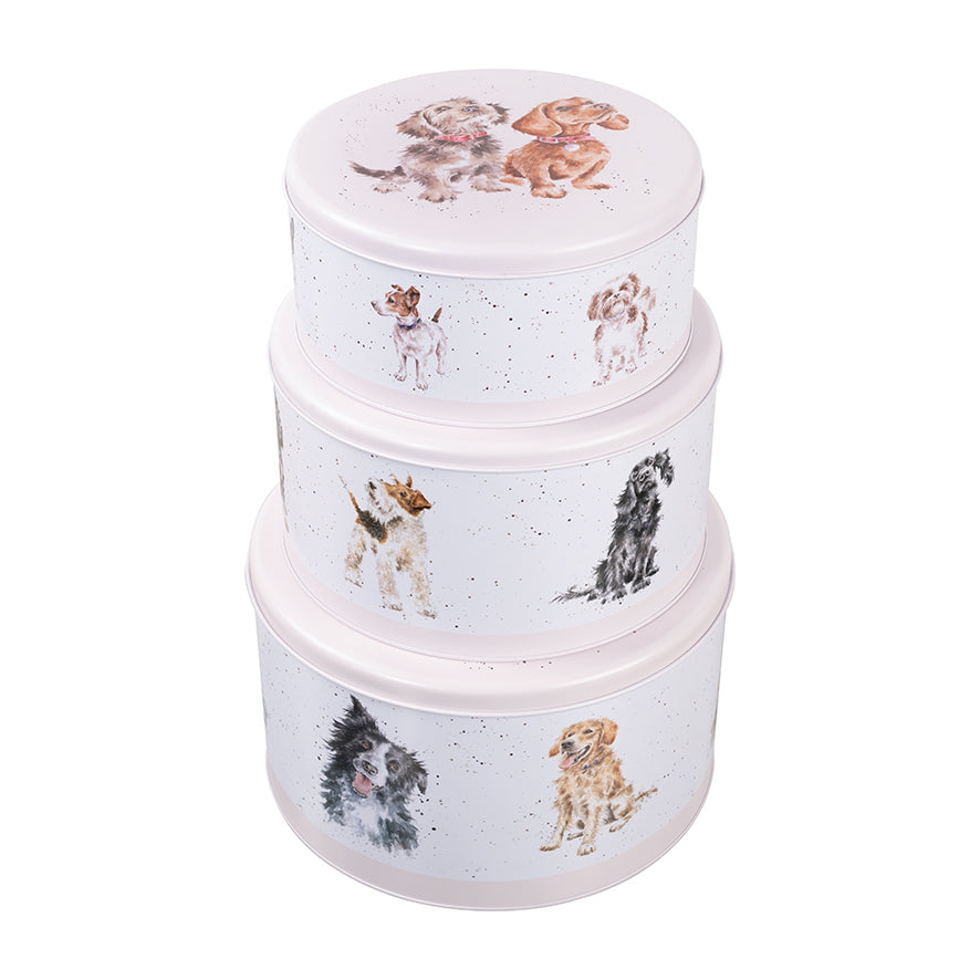 Wrendale Designs Cake Tins Nest-3 with MUSHROOM coloured lids and feature Hannah Dale's illustrations of Collies, Dachs, Poodles, Retrievers, Spaniels & Terriers