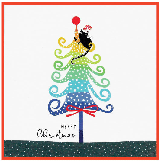 Cinnamon Aitch Christmas Card Margot Cat RAINBOW TREE