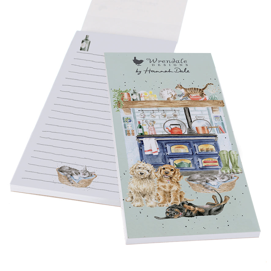 Magnetic shopping pad with Wrendale by Hannah Dale artwork featuring dogs and cats in a kitchen setting.