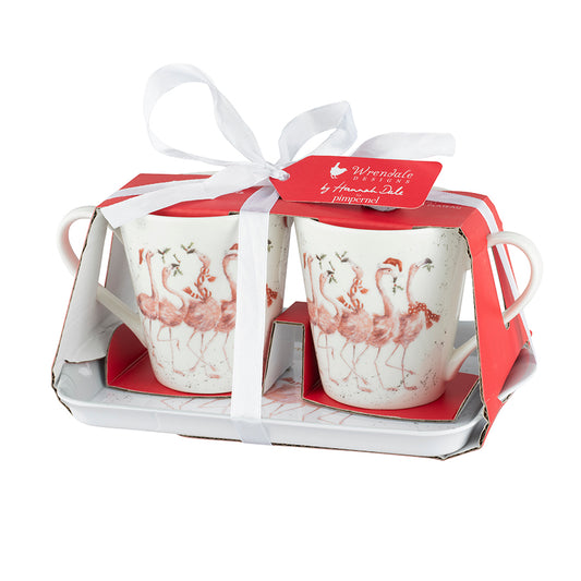 Wrendale Designs Christmas Mugs & Tray Set FLAMINGOS