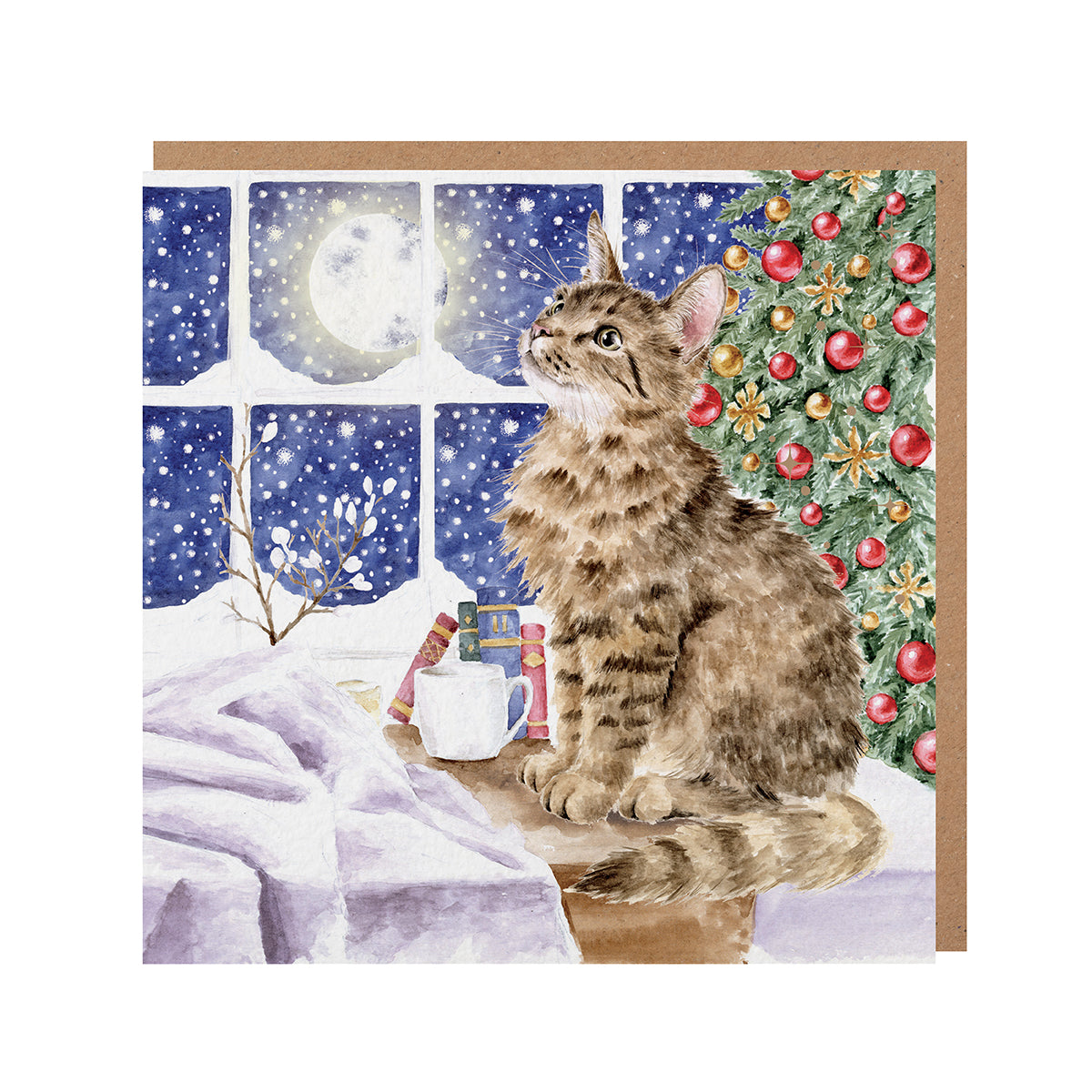 Wrendale Designs Christmas Card single CAT moon window