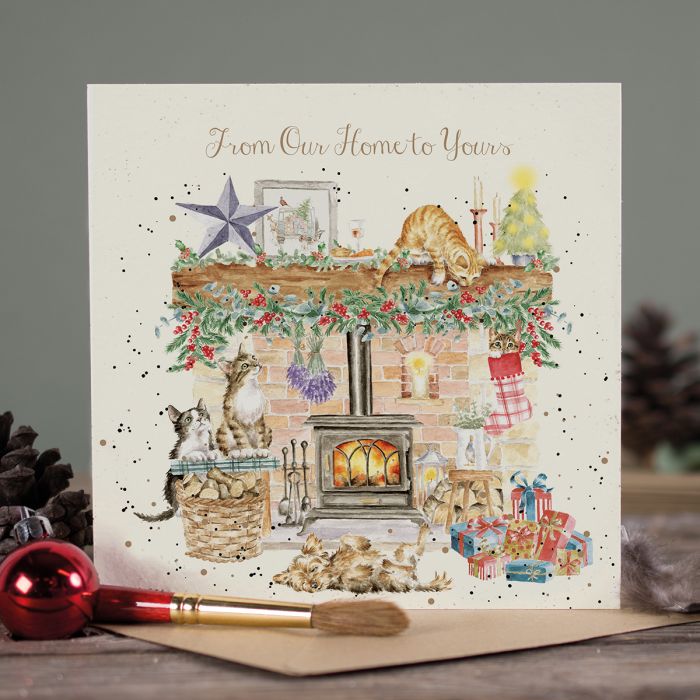 Wrendale Designs Christmas Card single CATS DOG fireside