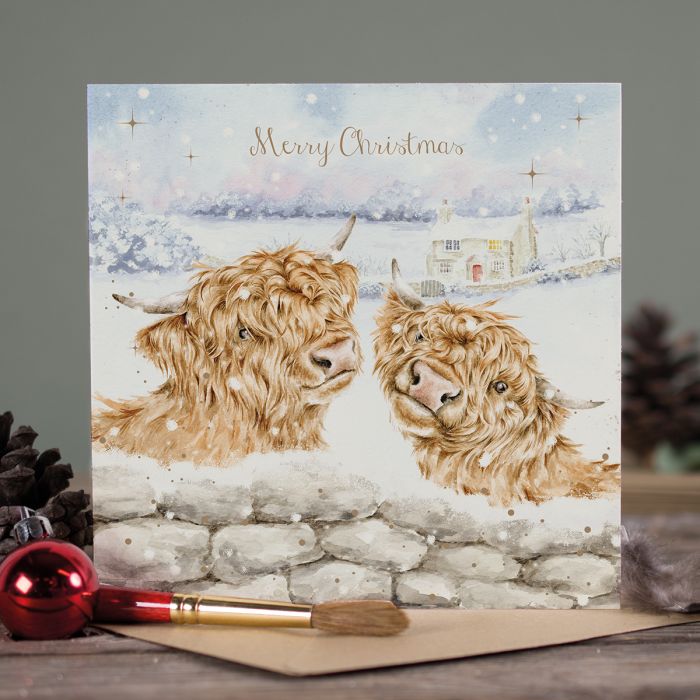 Wrendale Designs Christmas Card sq HIGHLAND CATTLE snowy night