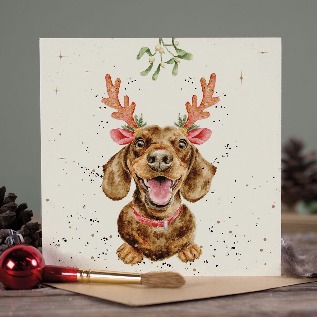 Wrendale Designs Christmas Card single DACHSHUND mistletoe