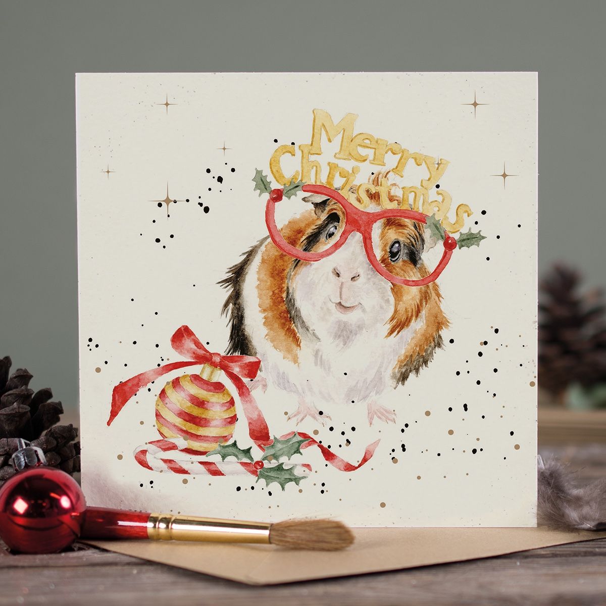 Wrendale Designs Christmas Card single GUINEA PIG xmas specs