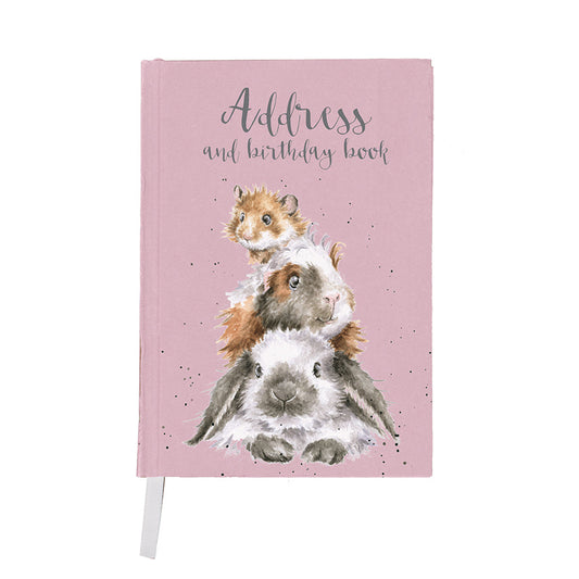 Wrendale Designs Address and Birthday book is compact and has a hard cover printed with Hannah Dale's artwork of a Guinea-Pig, Rabbit and Hamster