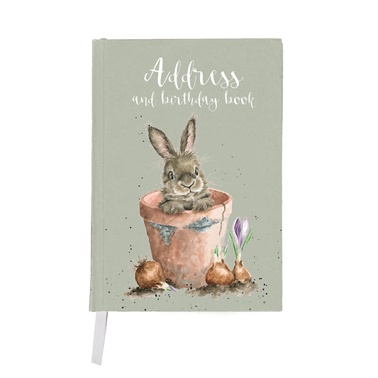 Wrendale Designs Address and Birthday book is compact and has a hard cover printed with Hannah Dale's artwork of a Rabbit and flower pot