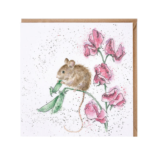 Wrendale Designs card Country Set THE PEA THIEF mouse sweetpeas