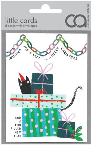 Cinnamon Aitch Pack of 5 little Christmas Cards CAT sled with gifts