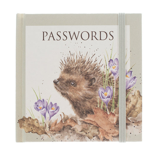 Wrendale Designs Password Book is pocket-sized, has a hard cover and features Hannah Dale's artwork of a Hedgehog and a spring crocus