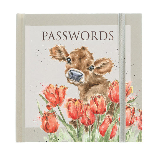 Wrendale Designs Password Book is pocket-sized, has a hard cover and features Hannah Dale's artwork of Bessie the Cow