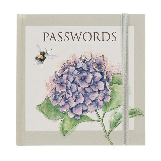 Wrendale Designs Password Book is pocket-sized, has a hard cover and features Hannah Dale's artwork of a Hydrangea