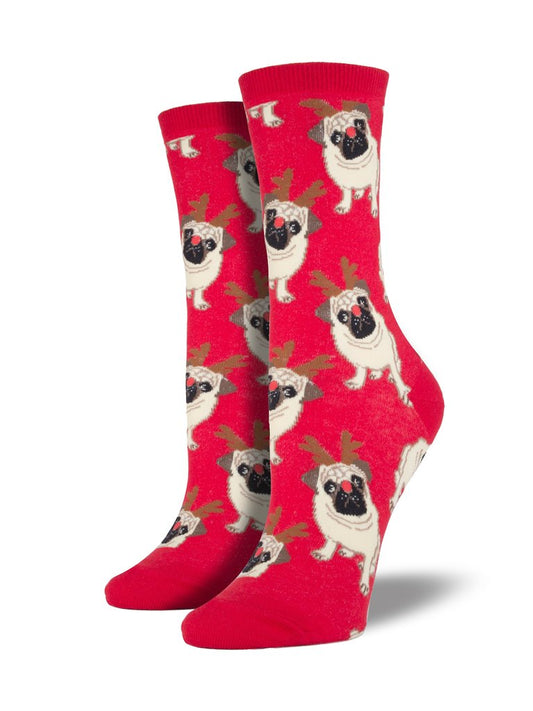 Socksmith Socks Christmas Small (women) PUGS with antlers red