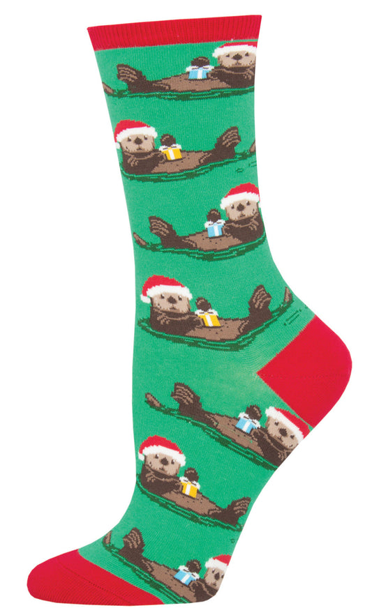 Socksmith Socks Christmas Small (women) OTTERS with santa hat green