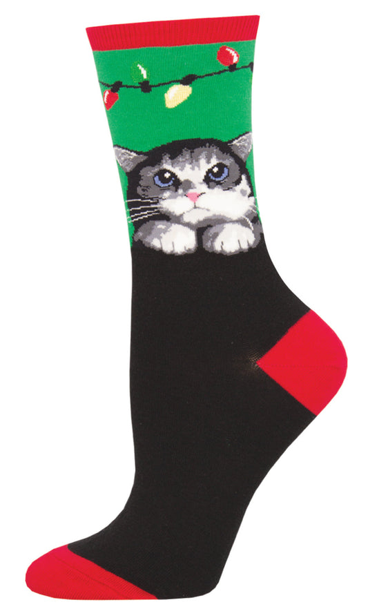 Socksmith Socks Christmas Small (women) CATS with purrrty lights green