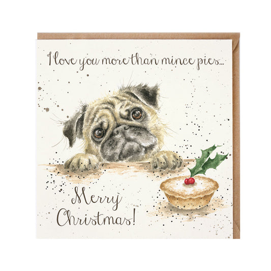 Wrendale Designs Christmas Card single PUG mince pies