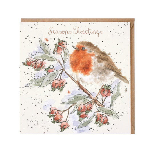 Wrendale Designs Christmas Card single ROBIN rose hips