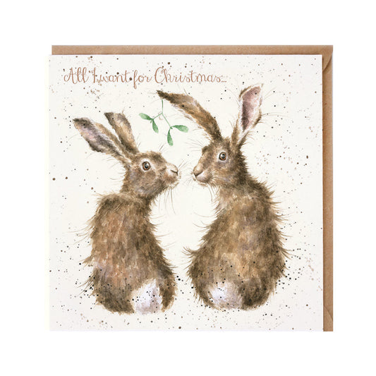 Wrendale Designs Christmas Card single HARES two mistletoe