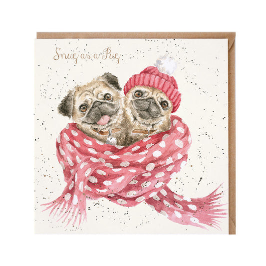 Wrendale Designs Christmas Card single PUGS red beanie & scarf