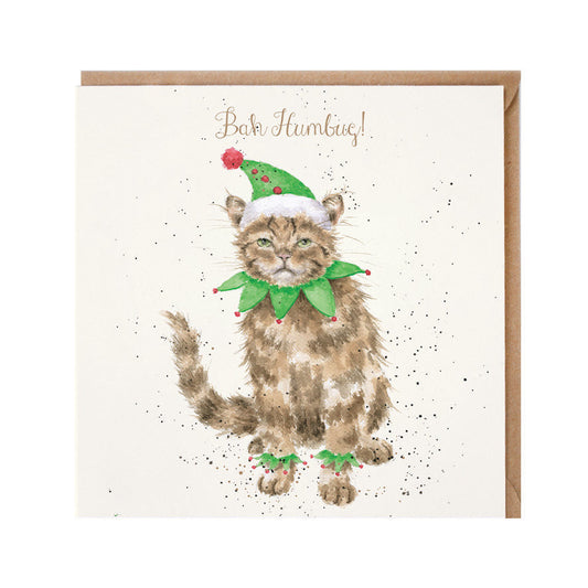 Wrendale Designs Christmas Card single CAT green jester costume