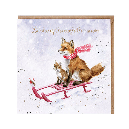 Wrendale Designs Christmas Card single FOXES & ROBIN sled