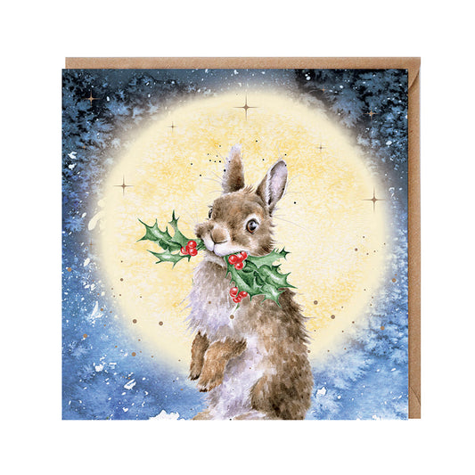 Wrendale Designs Christmas Card single RABBIT & MOON holly
