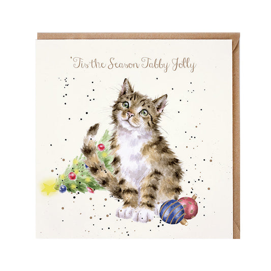 Wrendale Designs Christmas Card single CAT fallen tree baubles