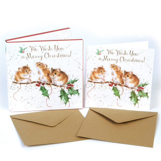 Wrendale Designs Chrsitmas Cards pack 8 MICE three holly branch
