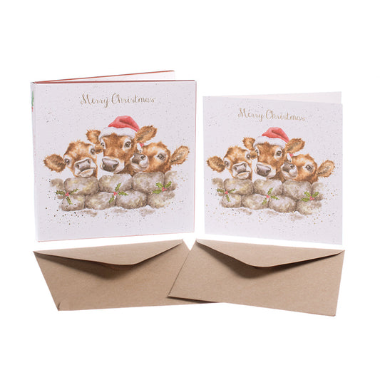 Wrendale Designs Chrsitmas Cards pack 8 CALVES three santa hat