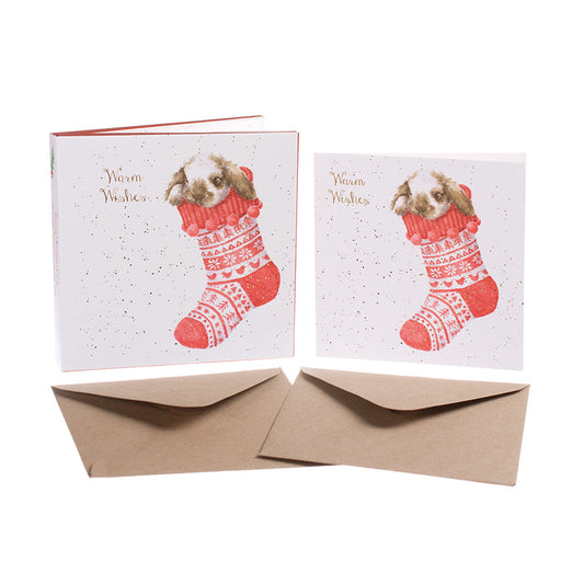 Wrendale Designs Chrsitmas Cards pack 8 RABBIT red stocking