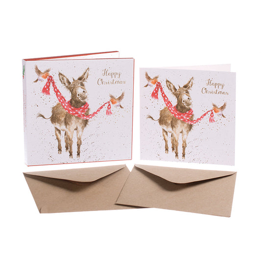 Wrendale Designs Chrsitmas Cards pack 8 DONKEY & ROBINS wrap scarf