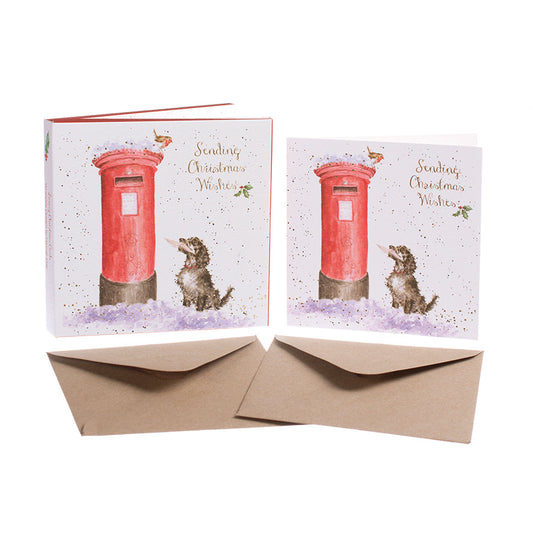 Wrendale Designs Chrsitmas Cards pack 8 DOG & ROBIN red mailbox