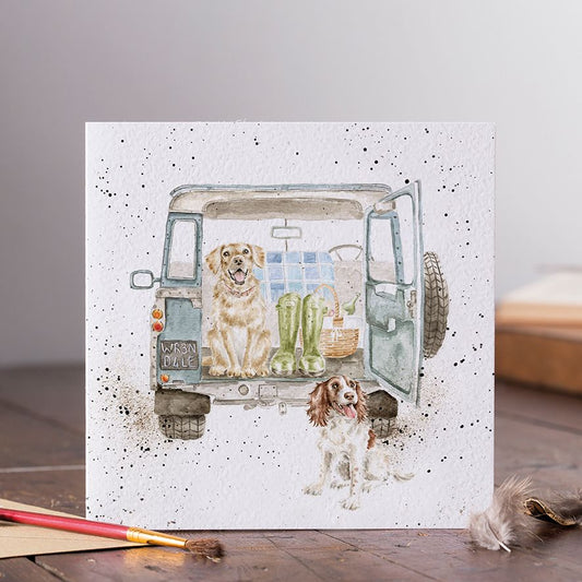 Wrendale Designs card Country Set PAWS for a PICNIC dogs land rover