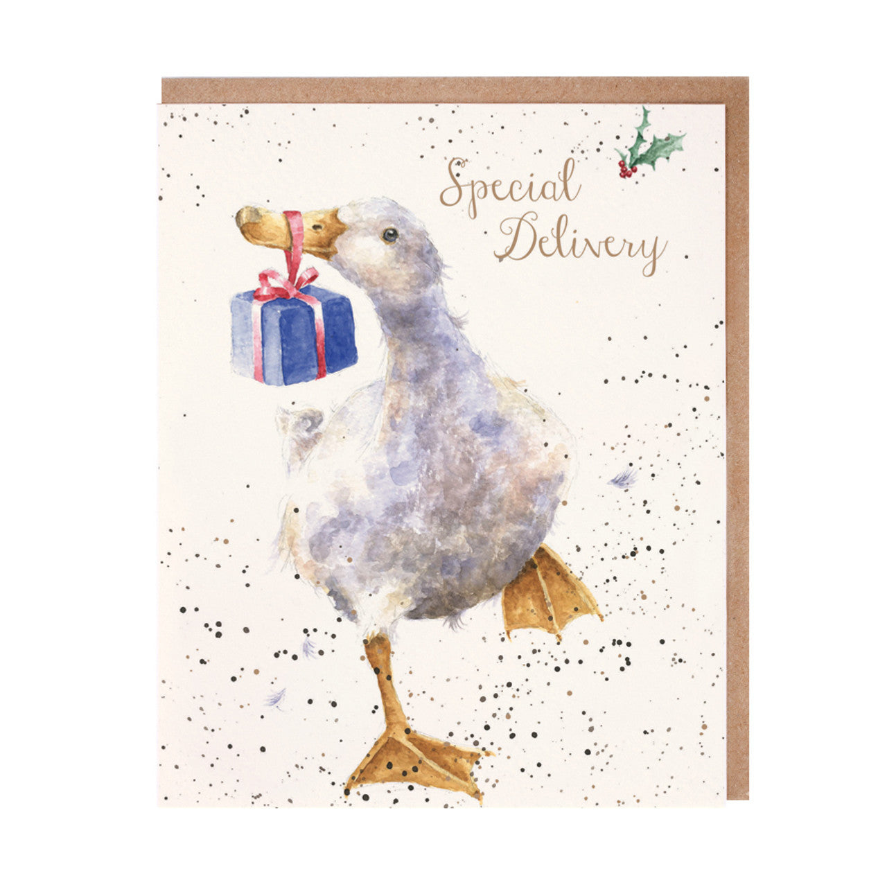 Wrendale Christmas Card rectangular DUCK blue gift wrapped