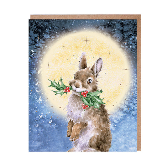 Wrendale Christmas Card rectangular RABBIT moon holly