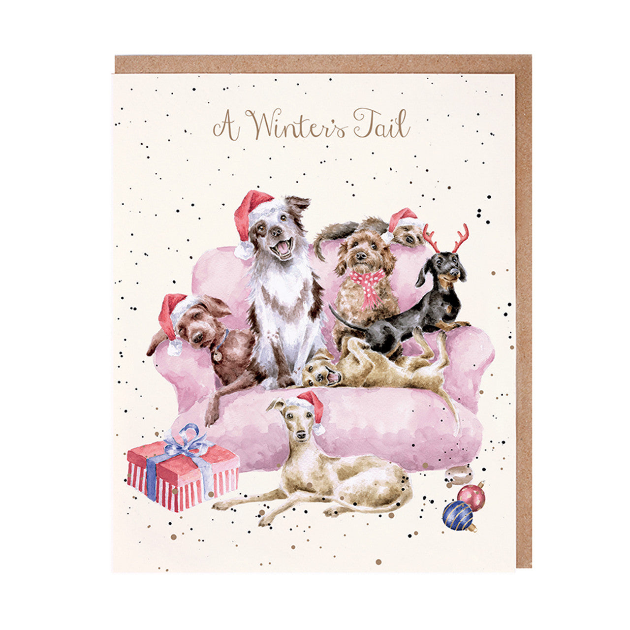 Wrendale Christmas Card rectangular DOGS antlers pink sofa