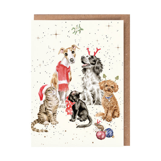 Wrendale Christmas Card rectangular CATS DOGS MOUSE scarves