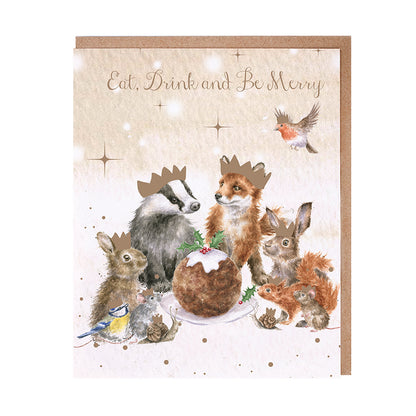 Wrendale Designs Christmas Cards pk-8 WOODLAND ANIMALS gold hats
